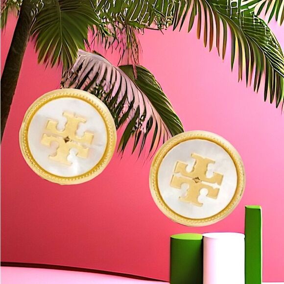 TORY BURCH MOTHER OF PEARL STUD EARRINGS IN ANTIQUE GOLD - Picture 1 of 3